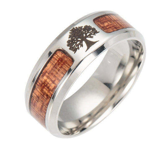 Mens Stainless Steel Ring With Solid Wood Inlay Tree Of Life Cross Masonic Design Durable Unisex Jewelry Craft