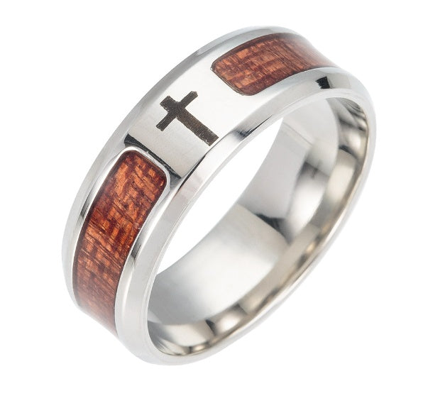 Mens Stainless Steel Ring With Solid Wood Inlay Tree Of Life Cross Masonic Design Durable Unisex Jewelry Craft