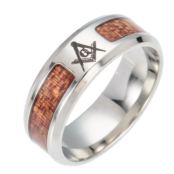 Mens Stainless Steel Ring With Solid Wood Inlay Tree Of Life Cross Masonic Design Durable Unisex Jewelry Craft