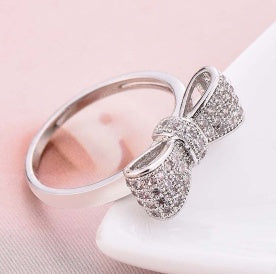 White Bow Zircon Ring White Gold Platinum Inlay Gemstone Set Sizes 6 7 8 9 10 Elegant daily wearing gift ideas