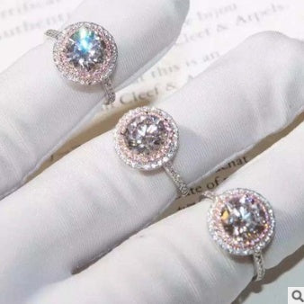 Full Diamond Micro Inlaid Zircon Plated White Gold Double-layer Round Simulation Diamond Ring Female US Version Of The Wedding Ring