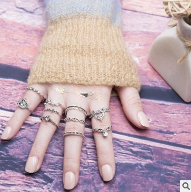 Womens Knuckle Ring Set 10 Pieces Alloy Hollow Twists Palm Crown Rings Gemstones Inlaid Antiqued Silver Finish