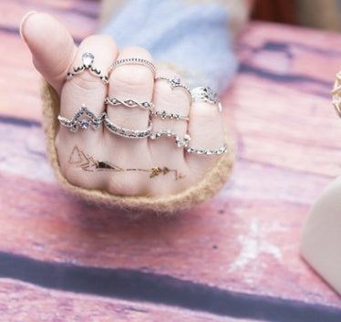Womens Knuckle Ring Set 10 Pieces Alloy Hollow Twists Palm Crown Rings Gemstones Inlaid Antiqued Silver Finish