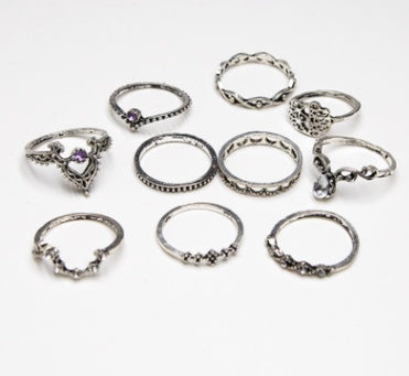 Womens Knuckle Ring Set 10 Pieces Alloy Hollow Twists Palm Crown Rings Gemstones Inlaid Antiqued Silver Finish