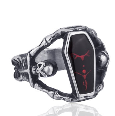 Mens Gothic Punk Vampire Coffin Ring Unique Design Titanium Steel Epoxy Jewelry With Cubic Zirconia Gift Today