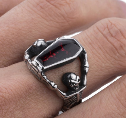 Mens Gothic Punk Vampire Coffin Ring Unique Design Titanium Steel Epoxy Jewelry With Cubic Zirconia Gift Today