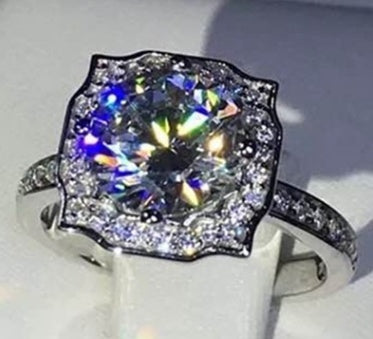 Four Claw Diamond Ring Engagement Wedding Band Silver Zinc Alloy With Diamond Accents Gleaming Diamond Accents