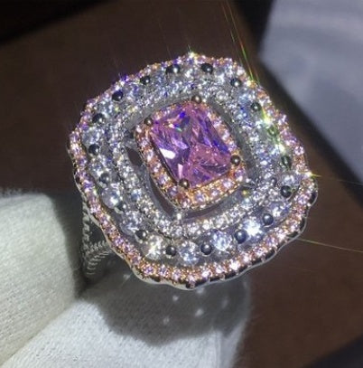 Square Diamond Rhinestone Crystal Ring Pink Alloy Inlay Jewelry Size 6 7 8 9 10 Elegant Sparkling Accessory Gift