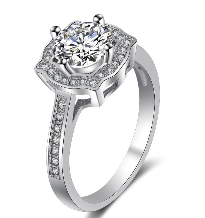 Women's Diamond Ring Platinum Plated Simulated Gemstone Wedding Engagement Dainty Elegant Jewelry Shiny Finish