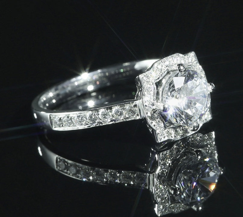 Women's Diamond Ring Platinum Plated Simulated Gemstone Wedding Engagement Dainty Elegant Jewelry Shiny Finish