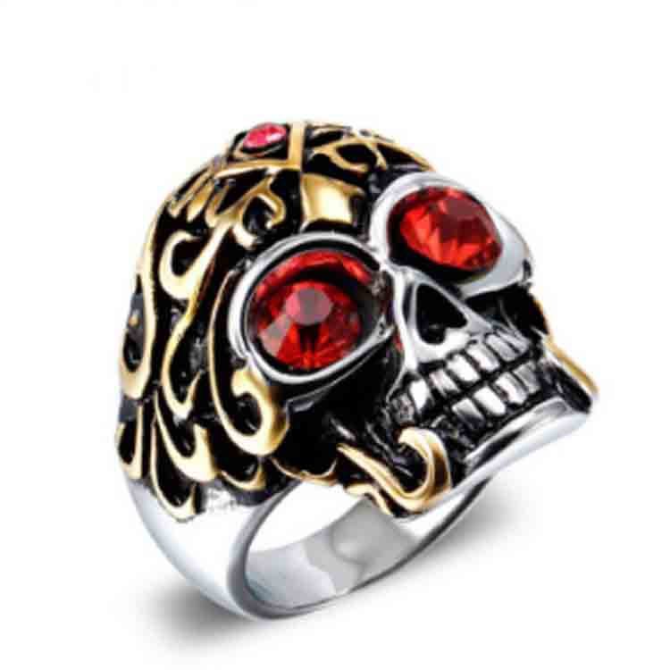 Mens 18K Gold Plated Stainless Steel Skull Ring European Ghost Head Customizable Inlaid Gemstone Rings For Men