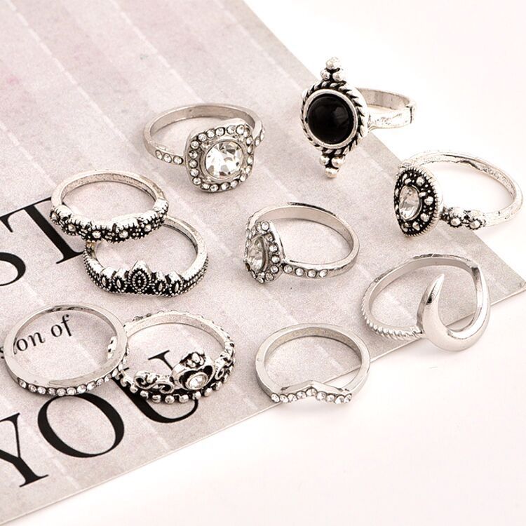 Womens Vintage Crystal Moon Ring Set Alloy Diamond Electroplated Geometric Fashion Jewelry Artificial For Women