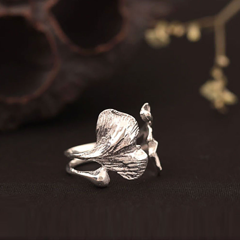 Vintage Silver Ring Apricot Flower Design With Electroplated Leaf Detail Wide Band Jewelry Gift For Her Deluxe