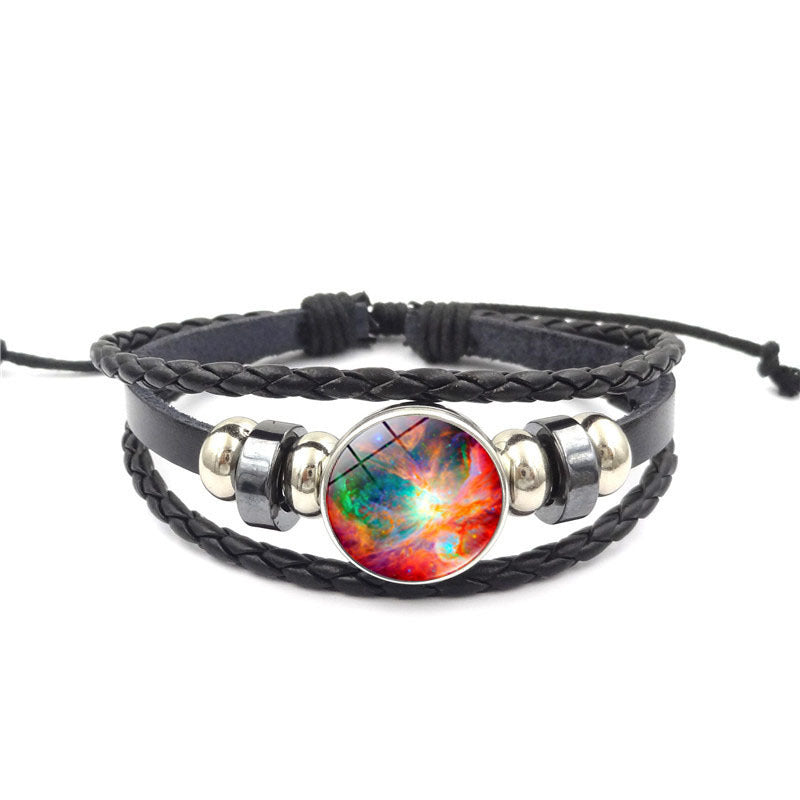 Womens Beaded Bracelet Handmade Starry Sky Universe Design Glass Gem Alloy Pendant Adjustable Leather Rope Gem