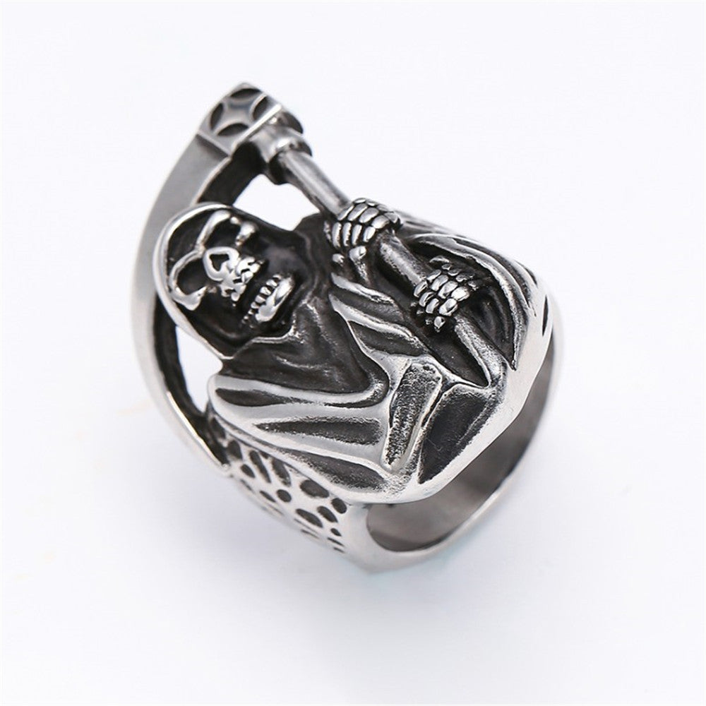 Mens Skull Ring Death Sickle Ring Exaggerated European American Ring Personalized Retro Titan Steel Alloy Ring