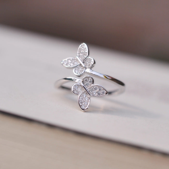 Sterling Silver Zircon Double Butterfly Ring For Women Korean Bowknot Style 925 Gemstone Ornament Gift Sparkling Stones