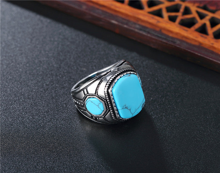 Mens Titanium Steel Ring With Vintage Turquoise Opal Stone Black Gun Plated Stainless Band For Dating Giftable