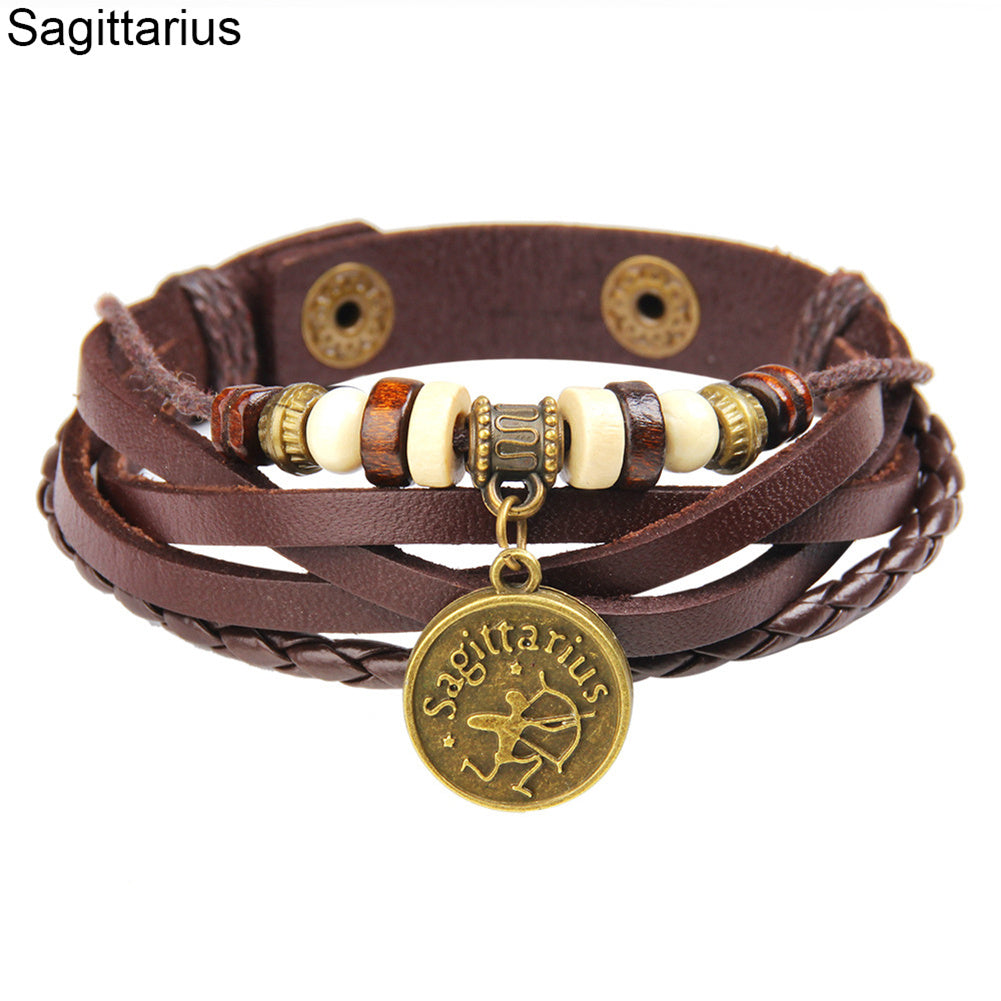 Unisex Astrological Sign Bracelet With Coin Charm And Layered Leather Bangle For Festival And Daily Wear Gift