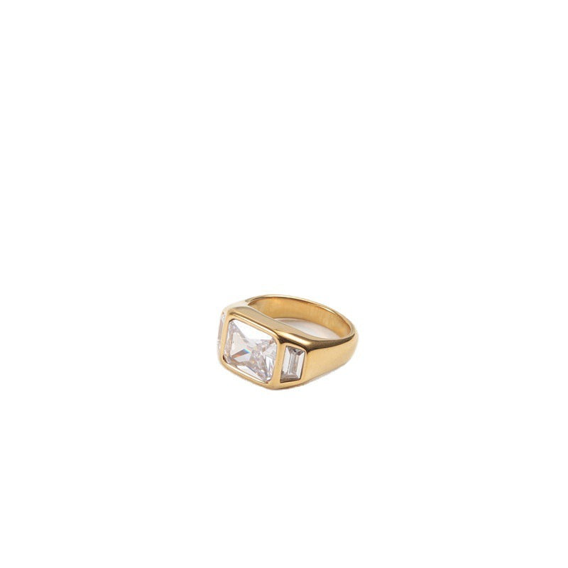 Geometric Zircon Stainless Steel Ring with Golden Finish Statement Jewelry for Women Elegant Fine Jewelry Gift