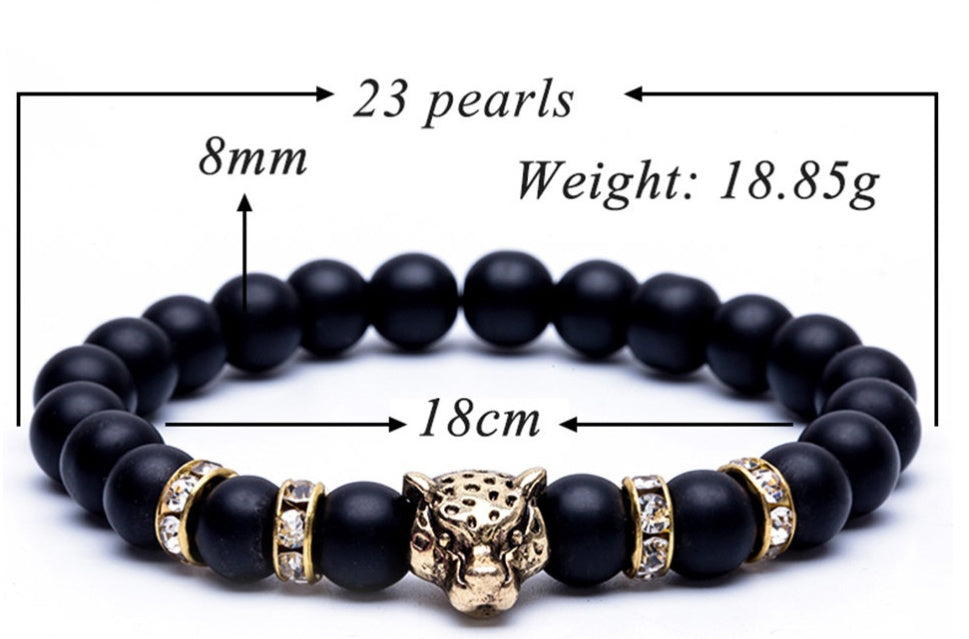 Mens Natural Stone Lava Rock Bead Bracelet Leopard Head Pendant Charm Handmade Jewelry Anniversary Engagement Gift