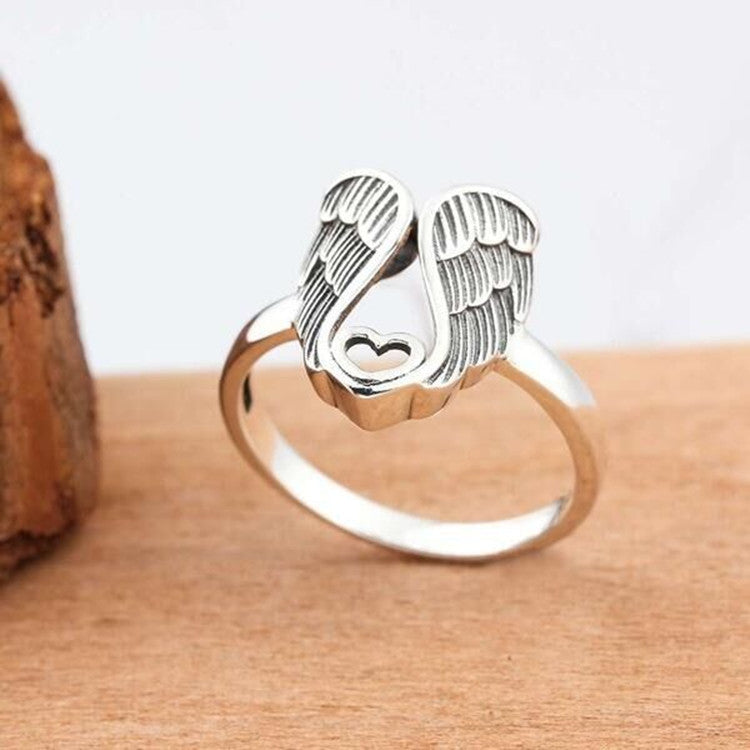 Womens Angel Wings Ring Vintage Geometric Alloy Silver Electroplated Finish Individually Packaged Gifts For Her