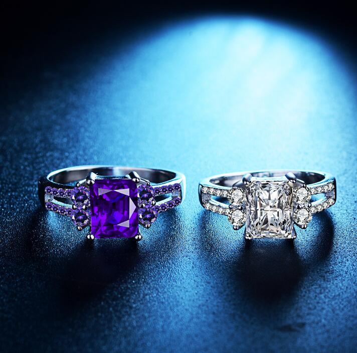 Zircon Ring For Men And Women Exaggerated Purple Diamond Jewelry Copper White Gold Finish Inlaid Zircon 7x9mm