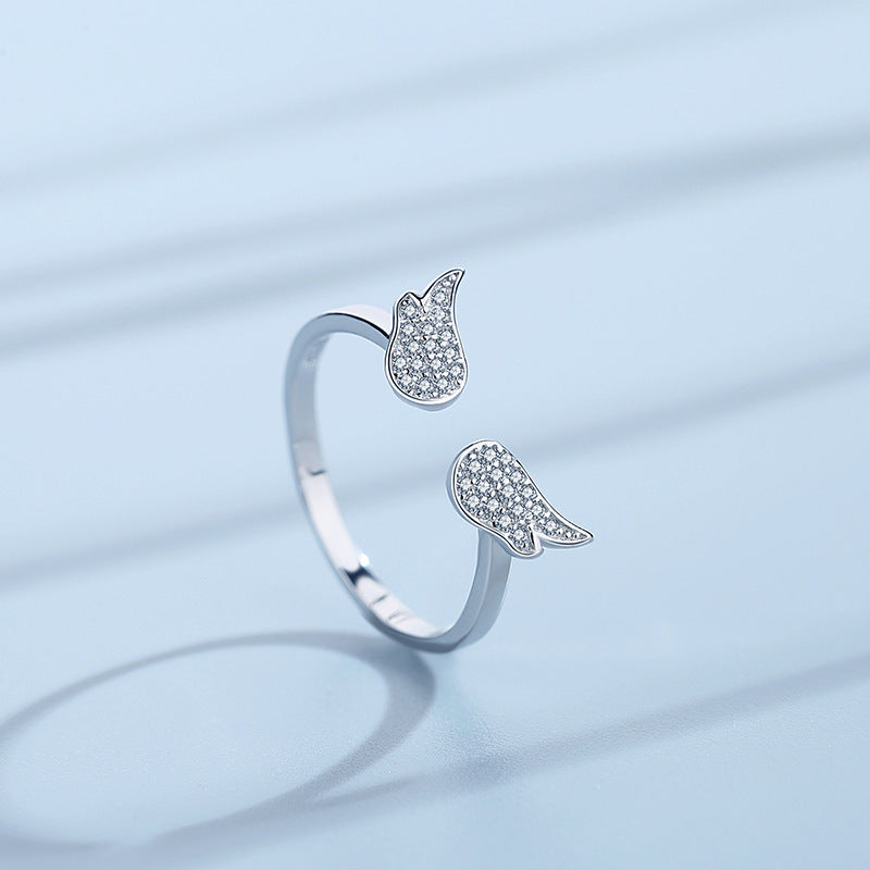 Women 925 Sterling Silver Ring Diamond Angel Wing Korean Drop Style Individually Packed Holiday Gift Elegant Gift Box