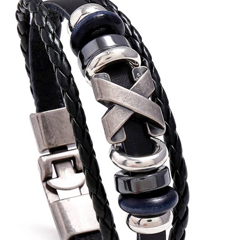 Unisex Leather Woven Cowhide Bracelet Geometric Bangle with Silver Accents Black Wristband for Males and Women