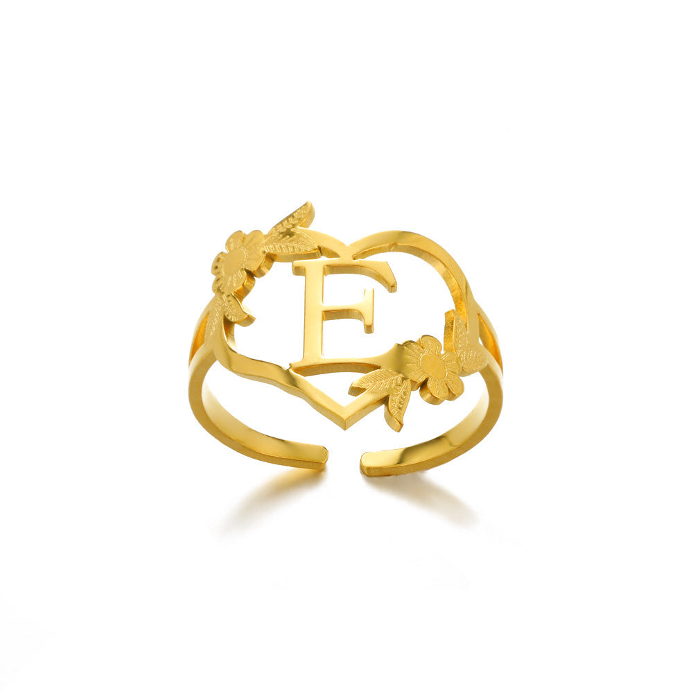 Heart Shaped Initial Rings Women Adjustable Stainless Steel Letters Ring Unisex European Design Letters Numbers