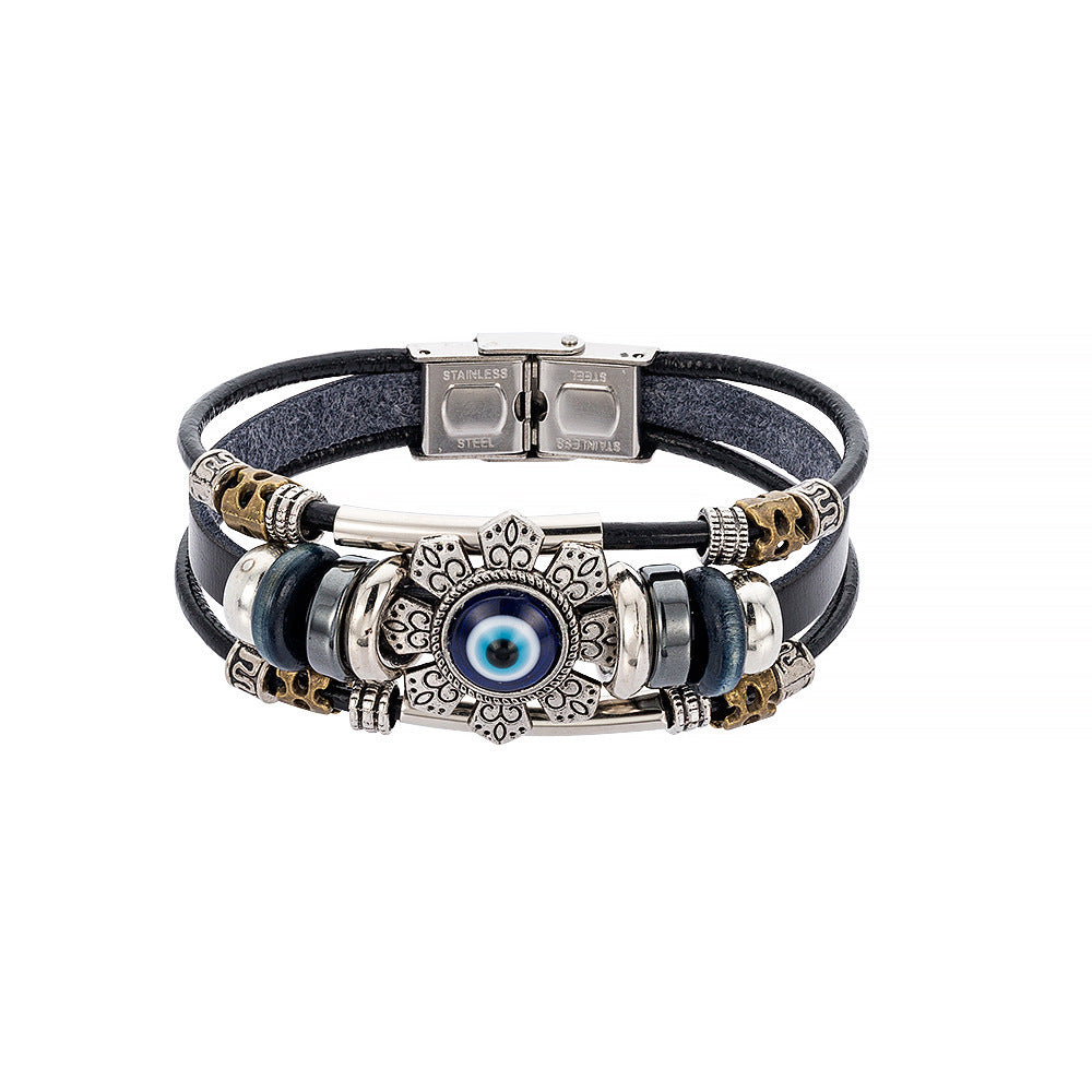 Unisex Turkish Blue Eye Wood Beads Bracelet With Cowhide And Stainless Steel Accents Geometric Alloy Bracelets