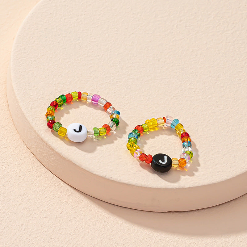 Beaded Letter Initial Ring For Ladies And Men Resin Alphabet Trendy Korean Geometric Ethnic Retro Jewelry Gift
