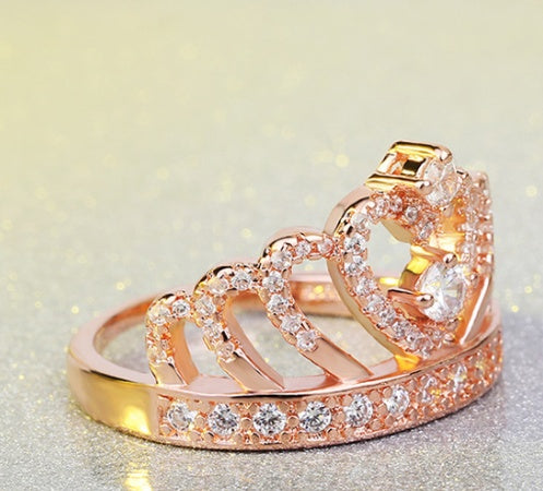 Princess Style Cubic Zirconia Hollowing Heart Silver Rose Gold Crown Ring Jewelry for Party Engagement Wedding