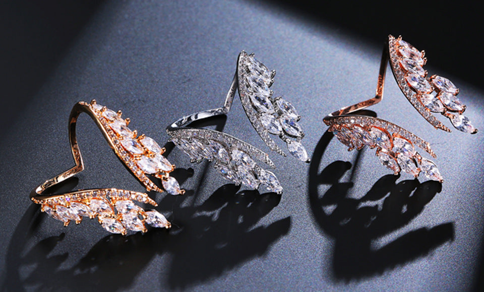 Womens Angel Wing Ring Alloy Electroplated Gemstone Inlaid Elegant Fashion Jewelry Gift For Her Rose Gold Tone Luxe