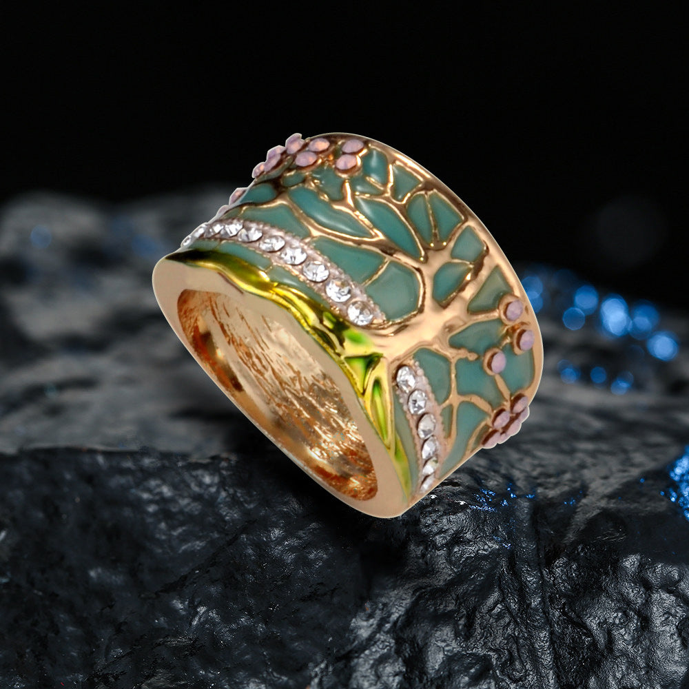 Tree Of Life Gold Plated Ring Floral Alloy Jewelry European And American Style Sizes 6 7 8 9 Length 24 By 16mm
