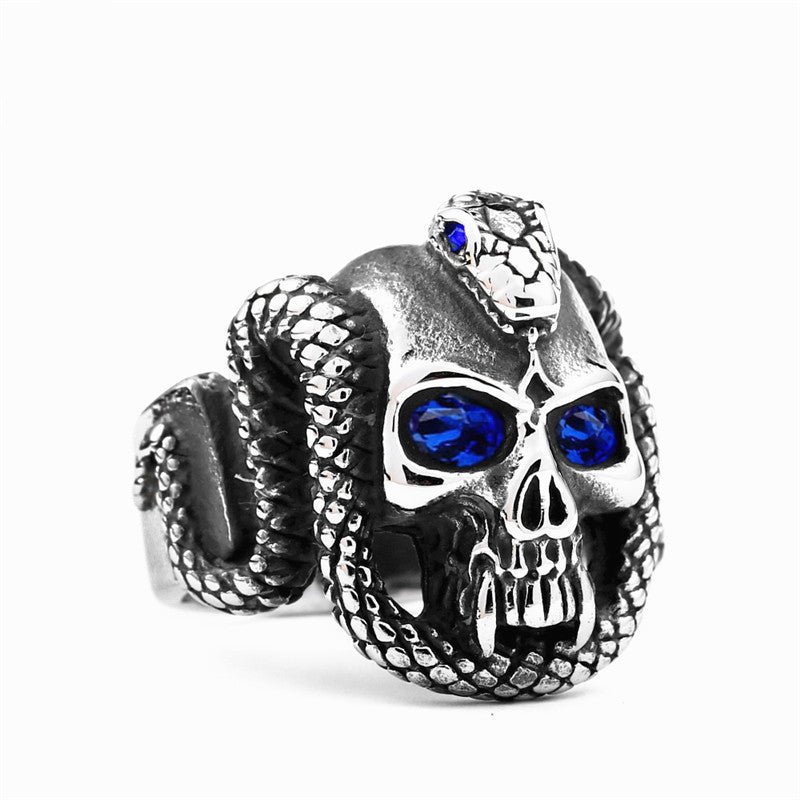 Men's Stainless Steel Skull Ring Demon Eyes Vampire Snake Design Diamond Accent Gothic Biker Statement Jewelry
