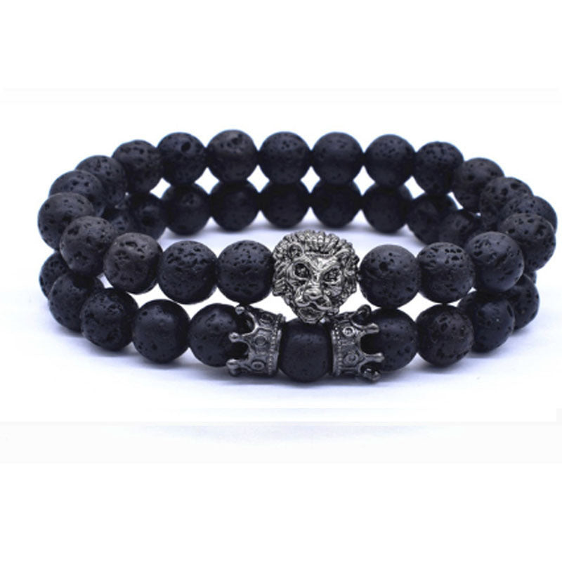 Lion Head Bracelet Crown Charm Alloy Bracelet For Men And Women Natural Stone Accents Adjustable Length 19cm Cord