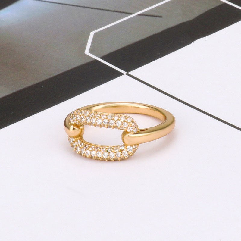 Geometric Lock Ring Crystal Inlaid Zircon Embellished Coppery Gold Plated Elegant Daily Wear Statement Jewelry