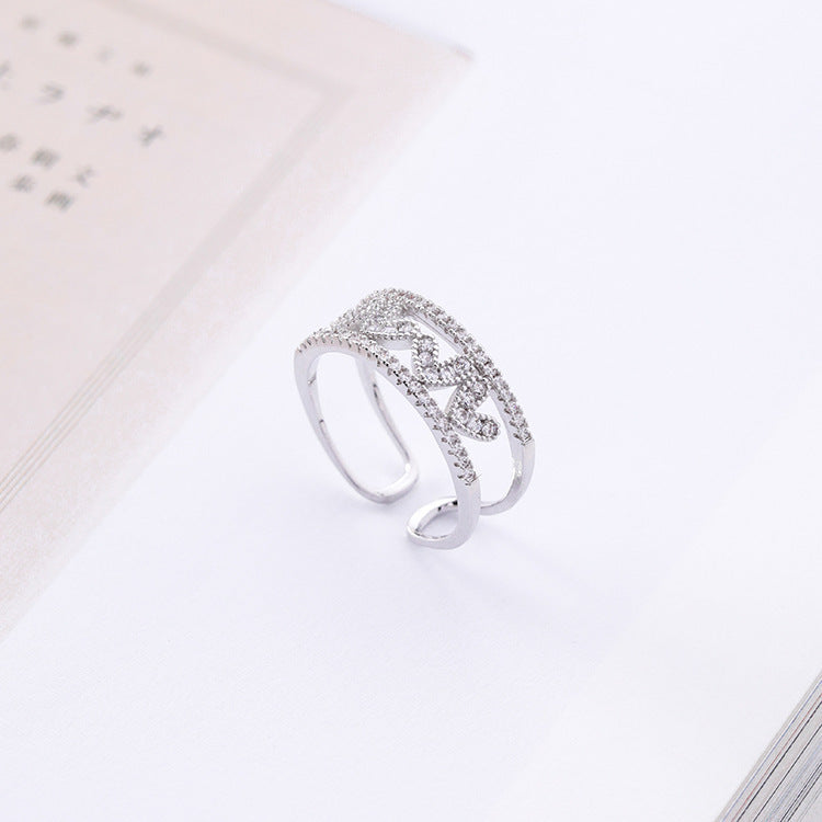 Openwork Heart Ring Alloy With Adjustable Band Inlay Gemstones Rose Gold Or Silver Korean Style Jewelry Design