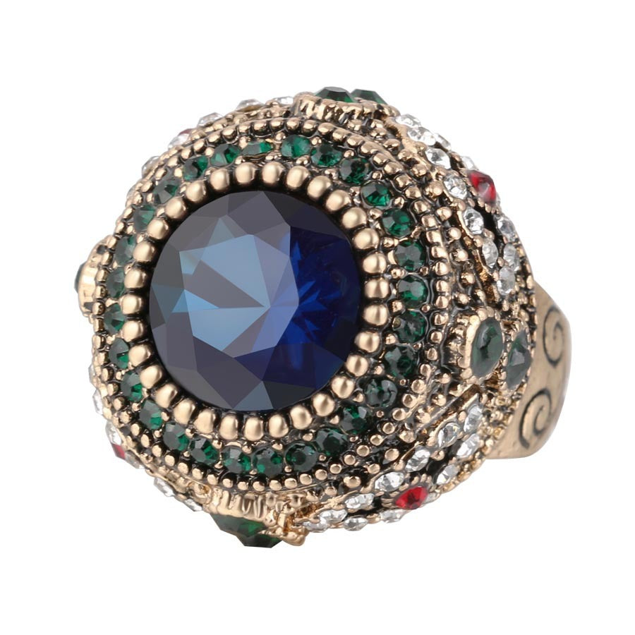 Vintage Gold Plated Inlaid Floral Ring Copper Alloy Women Jewelry With Semi Precious Gems Elegant American Style