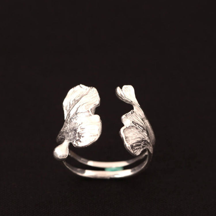 Vintage Silver Ring Apricot Flower Design With Electroplated Leaf Detail Wide Band Jewelry Gift For Her Deluxe