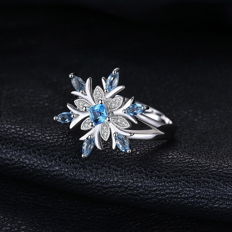 Womens Elegant Ring With Floral Snowflake Design Light Blue Zircon Stone Electroplated Metal For Wedding Style