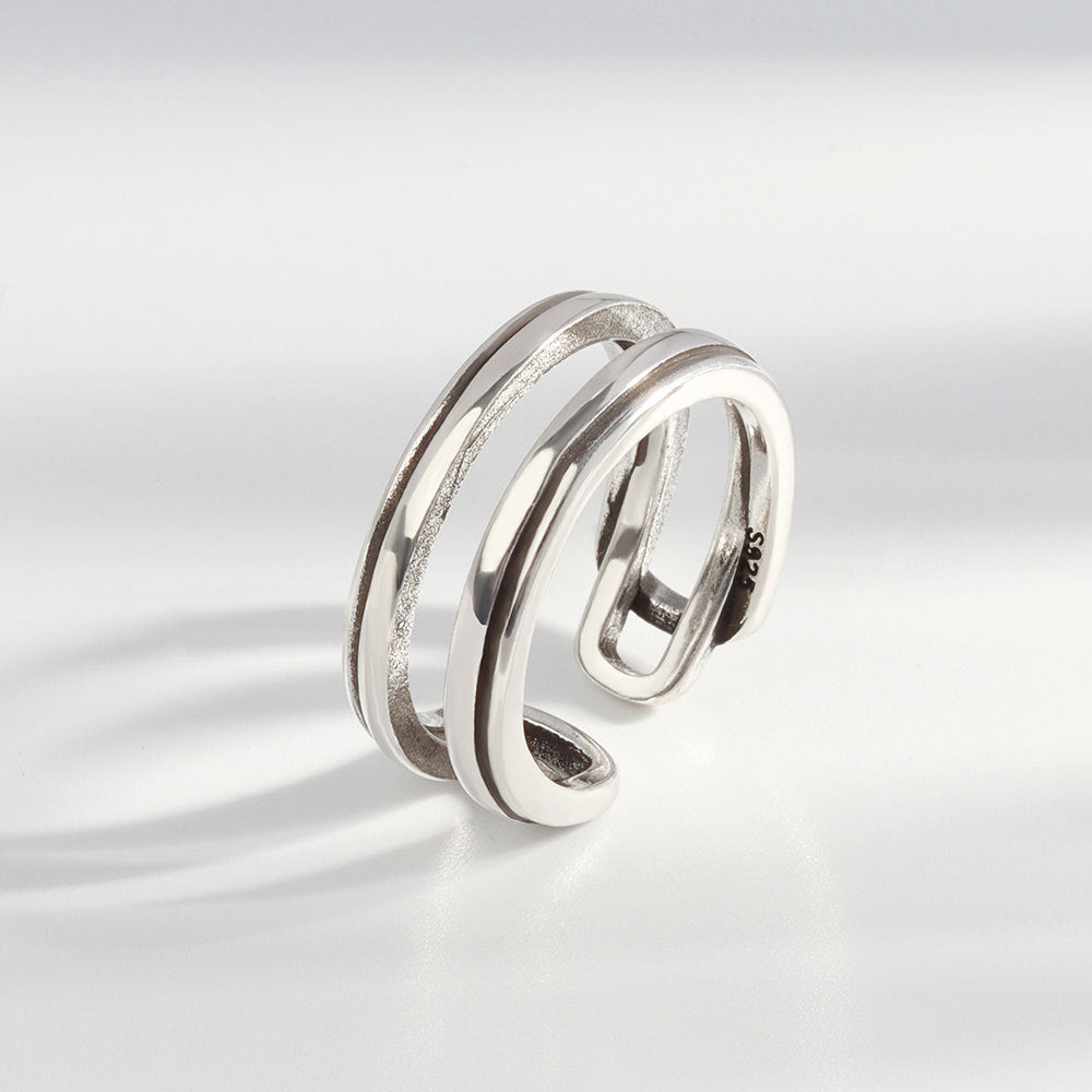 Womens Copper Ring Adjustable Retro Style MultiLayer Winding Irregular Linework Design Ring Thai Silver Finish
