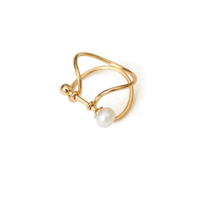 Niche Line Design Geometric Pearl Ring Brass With Real Gold Plating Adjustable Open Ring 1.5cm Wide Natural Pearl