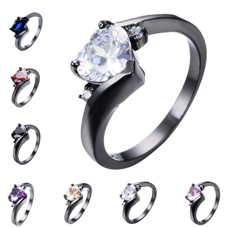 European American Peach Heart Ring Set Three Prong With Zircon Black Gold Plated Jewelry Elegant Ornaments Now