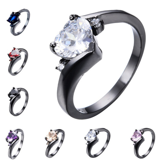European American Peach Heart Ring Set Three Prong With Zircon Black Gold Plated Jewelry Elegant Ornaments Now