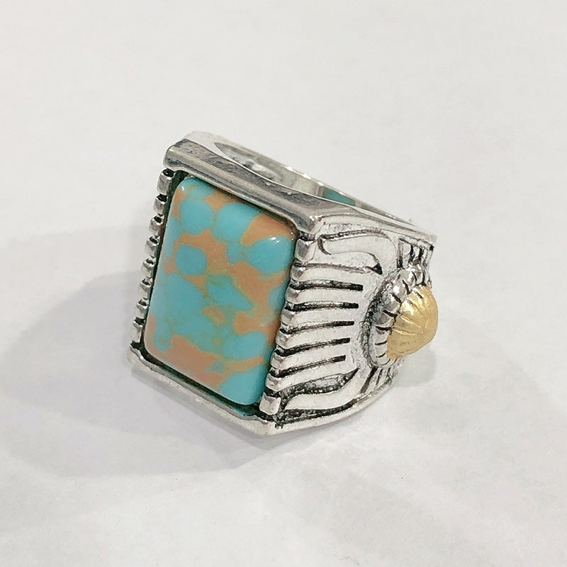 Fruit Ring Square Green Turquoise Ring Metal Ring With Alloy Inlaid Gems National Ring Travel Souvenir Ring No