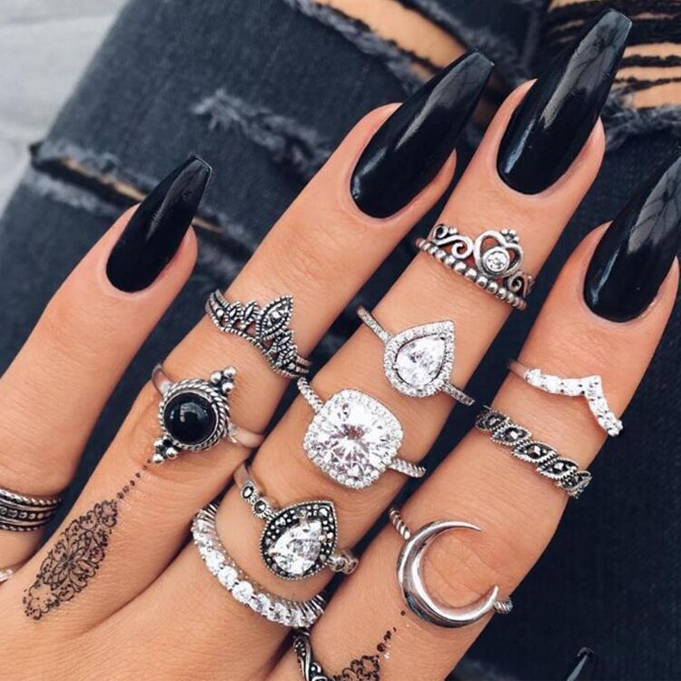 Womens Vintage Crystal Moon Ring Set Alloy Diamond Electroplated Geometric Fashion Jewelry Artificial For Women