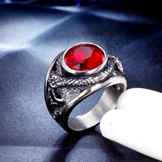 Mens Titanium Steel Ring Retro Gem Snake Design Geometric European Styles Red Diamond Accent Seven To Thirteen