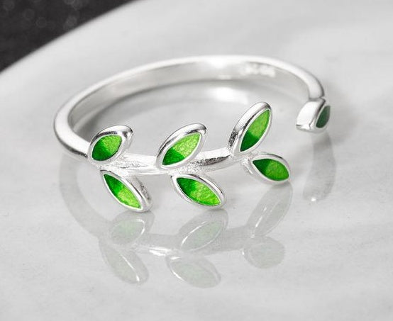 Sterling Silver Green Leaves Open Ring For Women Korean Style Flower Design Gift Jewelry Handcrafted Open Back