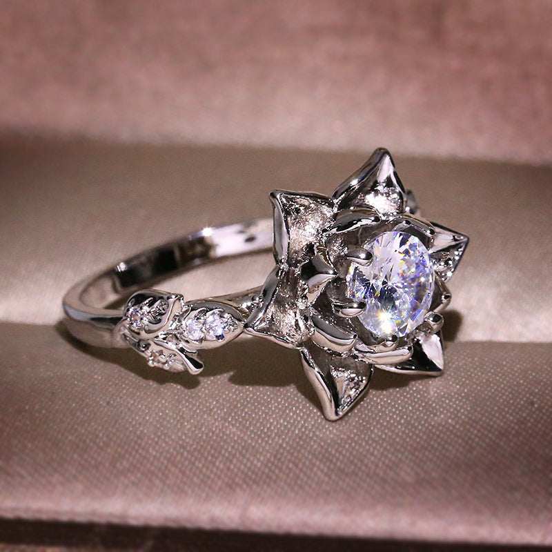 Womens Brass Ring Delicate Cutout Flower Gemstone Inlay